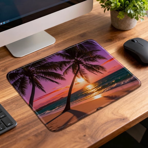 LIVEKEY Mouse Pad Durable Easy Clean Anti Slip Stitched Edge with Beach Sunset Palm Tree Design for Gaming and Office Desk 26x21cm