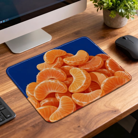 LIVEKEY Mouse Pad Durable Easy Clean Anti Slip Stitched Edge with Bright Orange Slices and Blue Background Design for Gaming and Office Desk 26x21cm