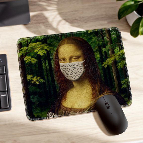LIVEKEY Mouse Pad Durable Easy Clean Anti Slip Stitched Edge with Masked Mona Lisa in Forest Art for Gaming and Office Desk 26x21cm