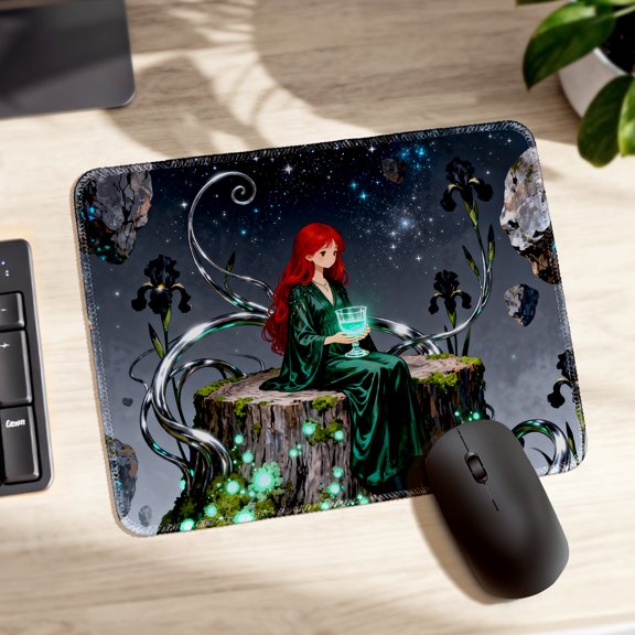 LIVEKEY Mouse Pad Durable Easy Clean Anti Slip Stitched Edge with Mysterious Red Haired Fairy Art for Gaming and Office Desk 26x21cm