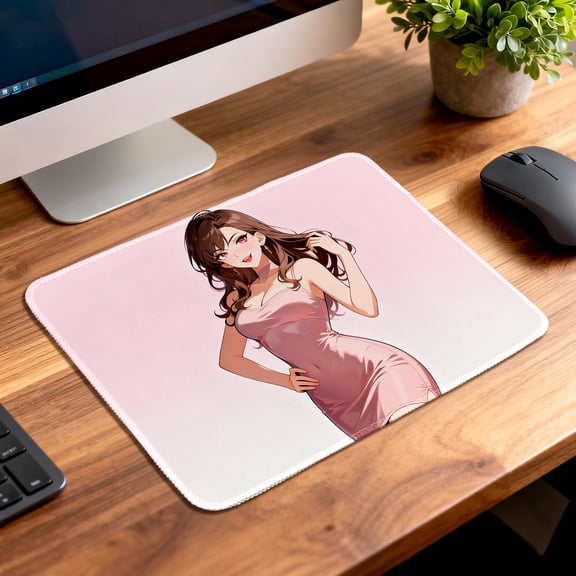 LIVEKEY Mouse Pad Durable Easy Clean Anti Slip Stitched Edge with Pink Anime Lady Illustration Design for Gaming and Office Desk 26x21cm