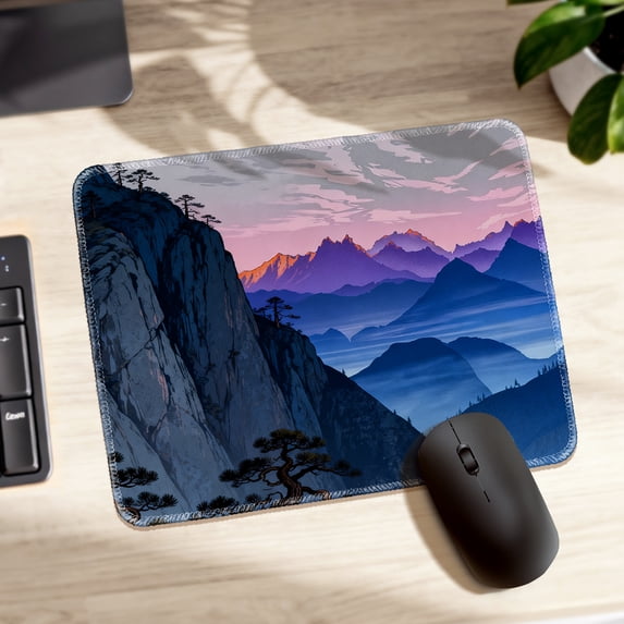 LIVEKEY Mouse Pad Durable Easy Clean Anti Slip Stitched Edge with Serene Mountain Cliff and Pine Tree Art for Gaming and Office Desk 26x21cm