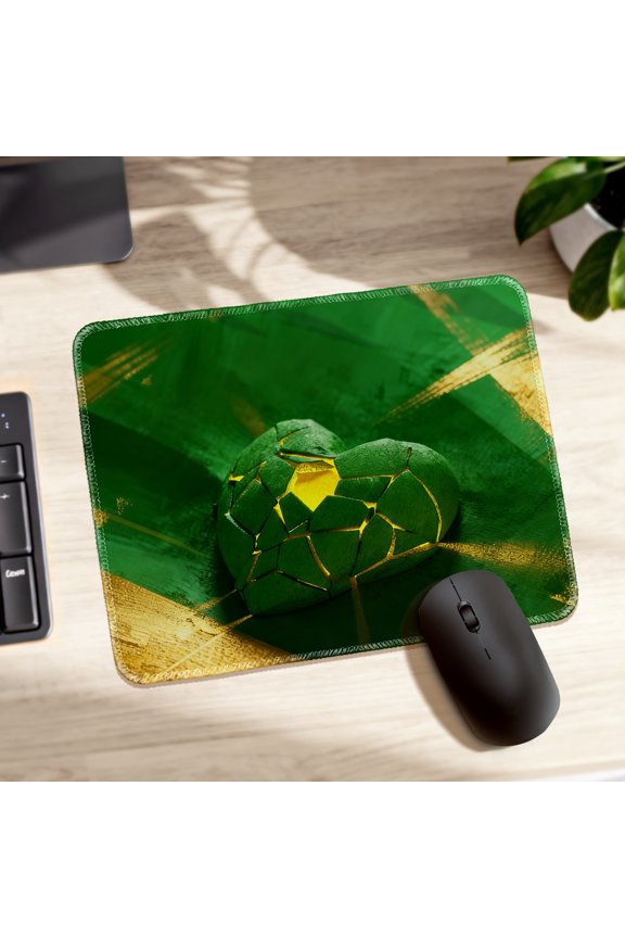 Mouse Pad Durable Easy Clean Anti Slip Stitched Edge with Vibrant Green and Yellow Cracked Heart Design for Gaming and Office Desk 26x21cm