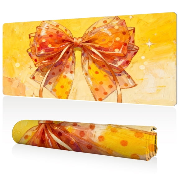 LIVEKEY Mouse Pad Durable Easy Clean Extra Large 80x40x0.3cm Full Desk Coverage Orange Polka Dot Bow Design Non Slip Sewn Edges