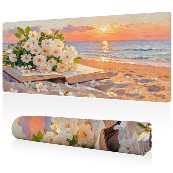 LIVEKEY Mouse Pad Durable Easy Clean Extra Large 80x40x0.3cm Full Desk Coverage Sunset Beach Book Art Non Slip Stitched Edge