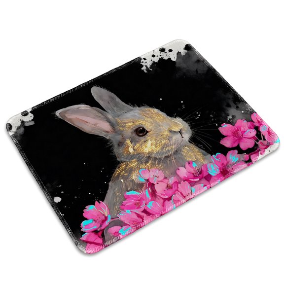 LIVEKEY Mouse Pad Durable Easy Clean Non Slip Sewn Edge with Gold Rabbit and Pink Blue Cherry Blossom Watercolor Art for Gaming and Office Desk 26x21cm