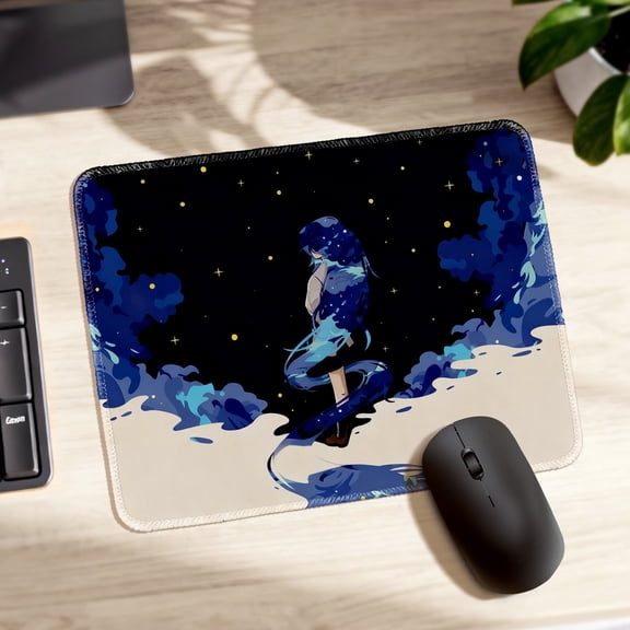 LIVEKEY Mouse Pad Durable Easy Clean Non Slip Stitched Edge Anime Starry Night Blue Hair Girl Design for Gaming and Office Desk 26x21cm