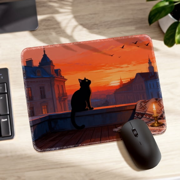LIVEKEY Mouse Pad Durable Easy Clean Non Slip Stitched Edge Artistic Cat on Rooftop Sunset Design for Gaming and Office Desk 26x21cm
