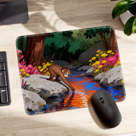 LIVEKEY Mouse Pad Durable Easy Clean Non Slip Stitched Edge Cartoon Monkey by Forest Stream Art for Gaming and Office Desk 26x21cm