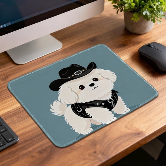 LIVEKEY Mouse Pad Durable Easy Clean Non Slip Stitched Edge Cute Dog in Cowboy Hat Design for Gaming and Office Desk 26x21cm