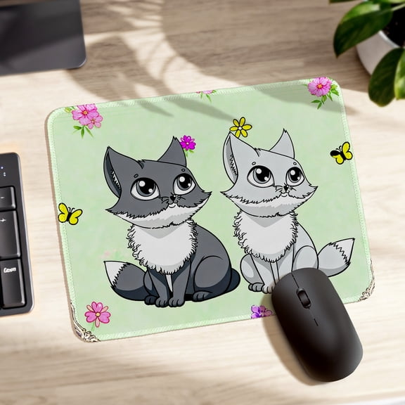 LIVEKEY Mouse Pad Durable Easy Clean Non Slip Stitched Edge Cute Fox with Butterflies and Flowers Design for Gaming Office Desk 26x21cm