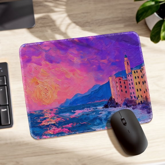 LIVEKEY Mouse Pad Durable Easy Clean Non Slip Stitched Edge Impressionist Sunset Harbor Art for Gaming and Office Desk 26x21cm