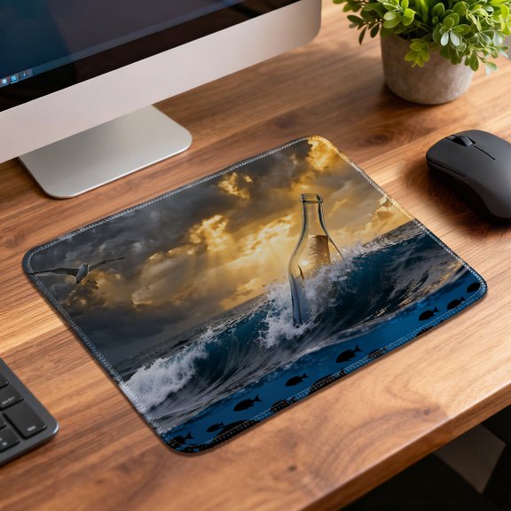 LIVEKEY Mouse Pad Durable Easy Clean Non Slip Stitched Edge Ocean Sunset with Drifting Bottle Art for Gaming and Office Desk 26x21cm