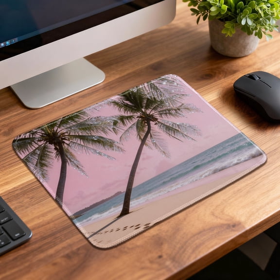 LIVEKEY Mouse Pad Durable Easy Clean Non Slip Stitched Edge Pink Beach Sunset with Coconut Trees Design for Gaming Office Desk 26x21cm