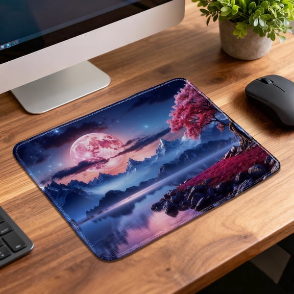 LIVEKEY Mouse Pad Durable Easy Clean Non Slip Stitched Edge Pink Moon Mountain Lake Landscape for Gaming Office Desk 26x21cm
