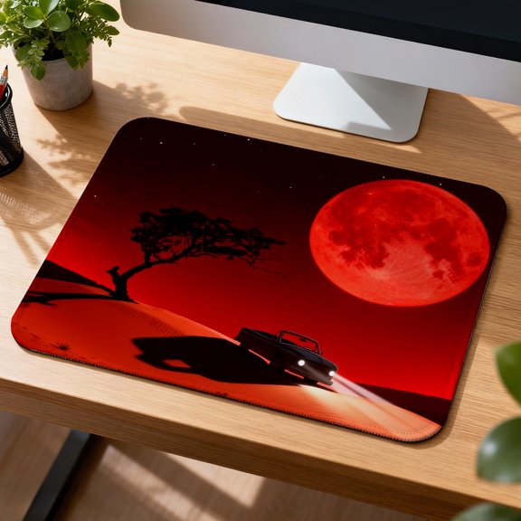 LIVEKEY Mouse Pad Durable Easy Clean Non Slip Stitched Edge Red Moon Desert Night Scene Art for Gaming Office Desk 26x21cm