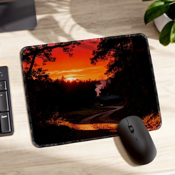LIVEKEY Mouse Pad Durable Easy Clean Non Slip Stitched Edge Sunset Forest Cabin Art for Gaming and Office Desk 26x21cm