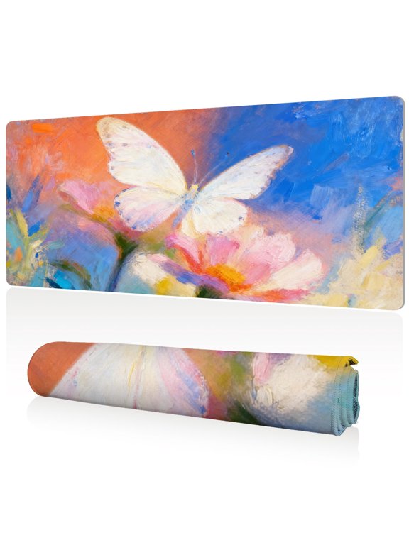 Mouse Pad Durable Easy Clean Non Slip Stitched Edge Ultra Large 80x40x0.3cm Full Desk Coverage with Artistic Butterfly and Flowers Design for Gaming Office