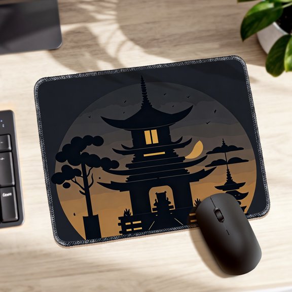 LIVEKEY Mouse Pad Durable Easy Clean Non Slip Stitched Edge with Asian Temple and Pagoda Night Scene Design for Gaming and Office Desk 26x21cm