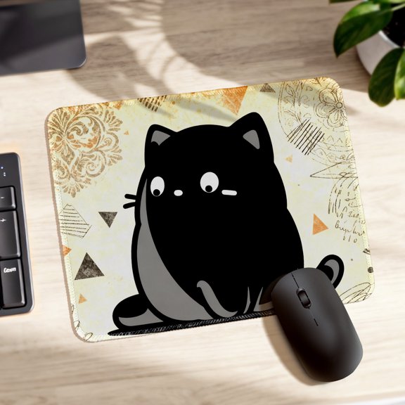 LIVEKEY Mouse Pad Durable Easy Clean Non Slip Stitched Edge with Cute Black Cat Art Vintage Floral Pattern for Gaming Office Desk 26x21cm