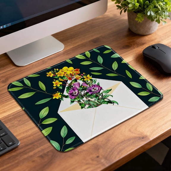 LIVEKEY Mouse Pad Durable Easy Clean Non Slip Stitched Edge with Envelope and Floral Design for Gaming and Office Desk 26x21cm