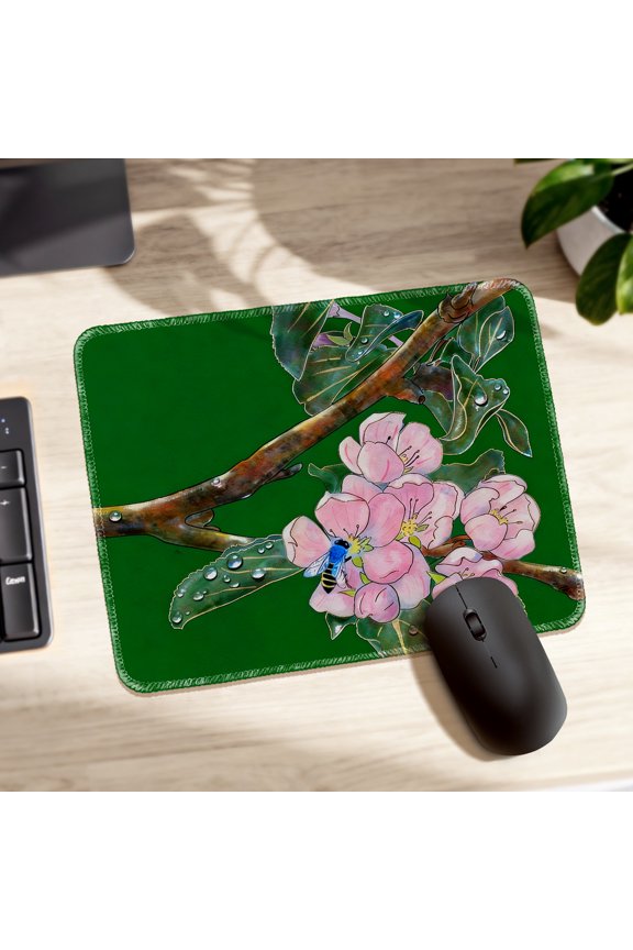 Mouse Pad Durable Easy Clean Non Slip Stitched Edge with Pink Cherry Blossom and Bee Art for Gaming Office Desk 26x21cm