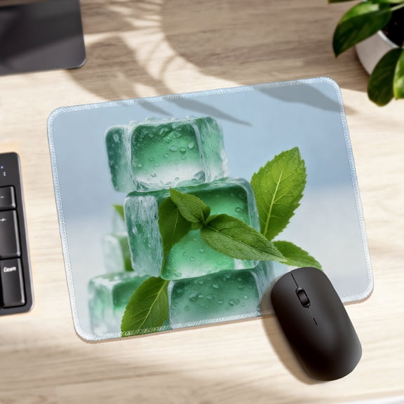 LIVEKEY Mouse Pad Durable Easy Clean Non Slip Stitched Edge with Refreshing Green Ice Cube and Mint Leaf Design for Gaming and Office Desk 26x21cm