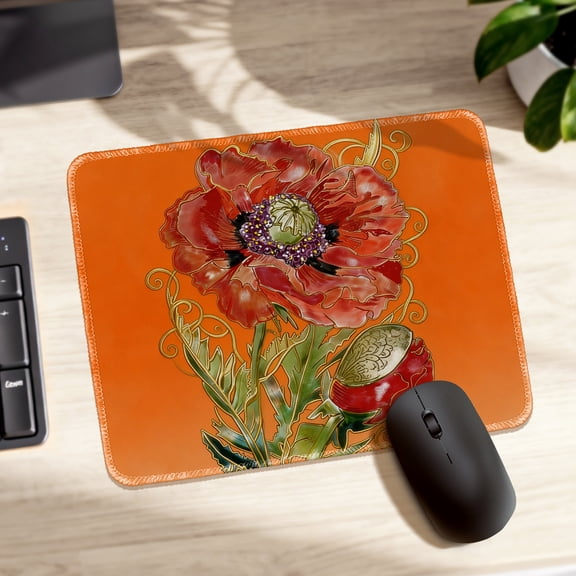 LIVEKEY Mouse Pad Durable Easy Clean Non Slip Stitched Edge with Vibrant Orange Poppy Flower Design for Gaming and Office Desk 26x21cm