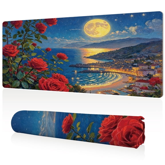 LIVEKEY Mouse Pad Durable Easy Clean Ultra Large 80x40cm Full Desk Coverage Red Rose Moonlit Coastal Art for Gaming Office Desk Mat