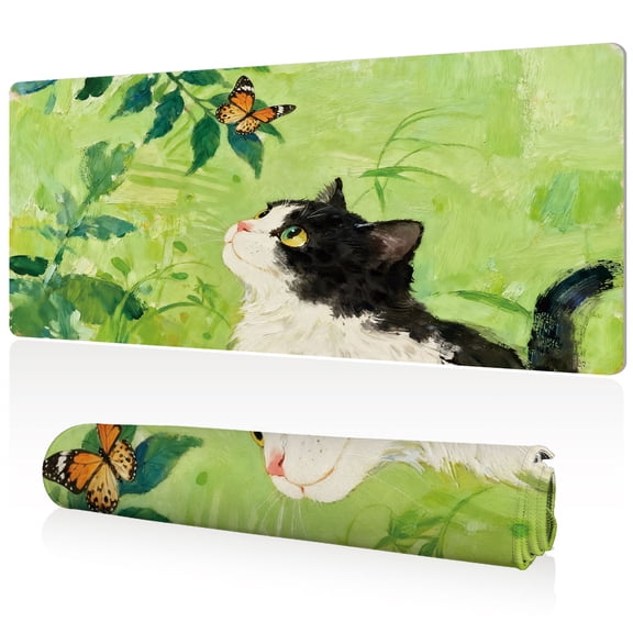 LIVEKEY Mouse Pad Durable Easy Clean Ultra Large 80x40x0.3cm Full Desk Coverage with Cat and Butterfly Nature Art Non Slip Sewn Edges for Gaming and Office