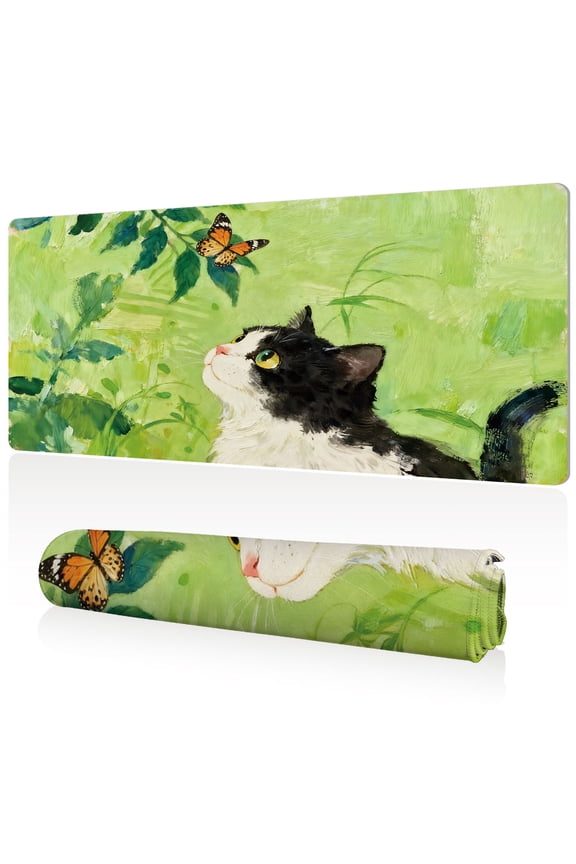 Mouse Pad Durable Easy Clean Ultra Large 80x40x0.3cm Full Desk Coverage with Cat and Butterfly Nature Art Non Slip Sewn Edges for Gaming and Office