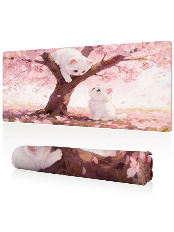 Mouse Pad Durable Easy Clean Ultra Large 80x40x0.3cm Full Desk Coverage Cherry Blossom Cat Art Non Slip Stitched Edge for Gaming and Office
