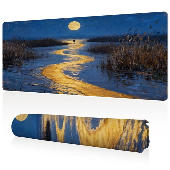 LIVEKEY Mouse Pad Durable Easy Clean Ultra Large 80x40x0.3cm Full Desk Coverage Moonlit Path with Reeds Art Non Slip Stitched Edges