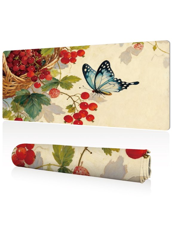 Mouse Pad Extra Large 80x40cm Full Desk Coverage Vintage Strawberry and Blue Butterfly Painting Art Durable Easy Clean