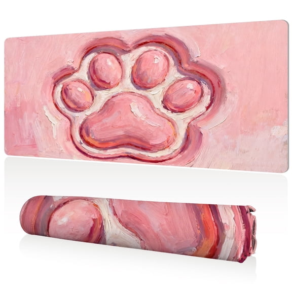 LIVEKEY Mouse Pad Extra Large 80x40x0.3cm Full Desk Coverage Artistic Pink Cat Paw Painting Design with Sewn Edges Durable Easy Clean