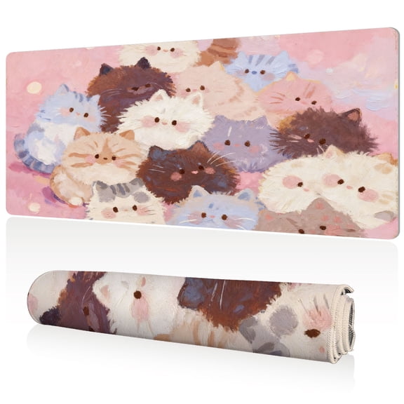 LIVEKEY Mouse Pad Extra Large 80x40x0.3cm Full Desk Coverage Cute Pink Cat Pattern with Stitched Edges Durable Easy Clean Non Slip