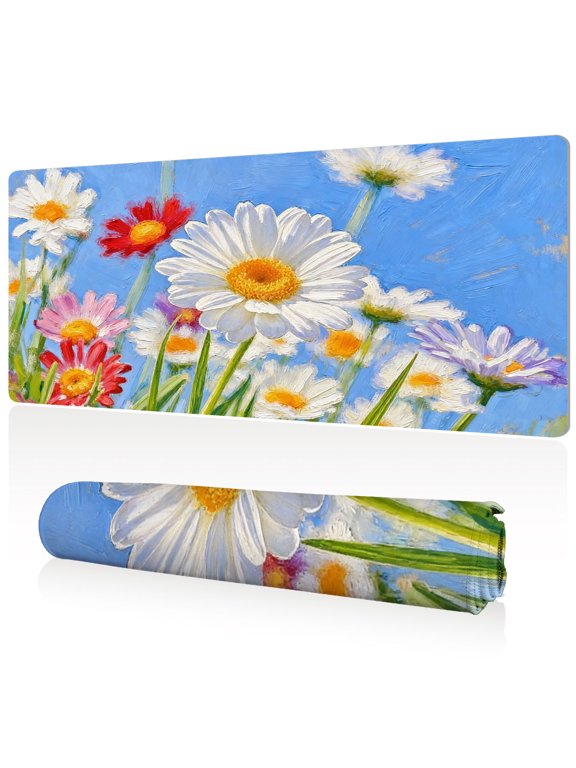 Mouse Pad Extra Large 80x40x0.3cm Full Desk Coverage with White Daisy Floral Art Durable Easy Clean Non Slip Sewn Edges