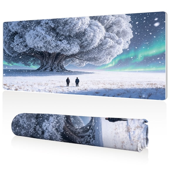 LIVEKEY Mouse Pad Extra Large 80x40x0.3cm Snowy Ancient Tree with Northern Lights Design Full Desk Coverage Non Slip Durable Easy Clean Stitched Edges for Gaming and Office