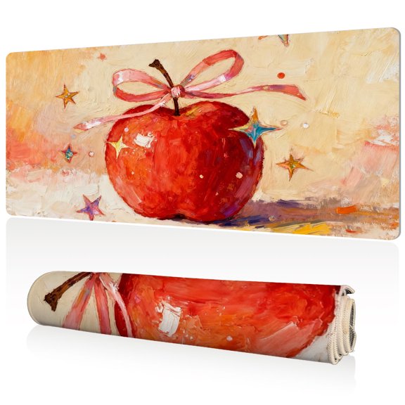 LIVEKEY Mouse Pad Giant 80x40x0.3cm Full Desk Coverage with Red Apple and Stars Pattern Durable Easy Clean Non Slip Sewn Edges