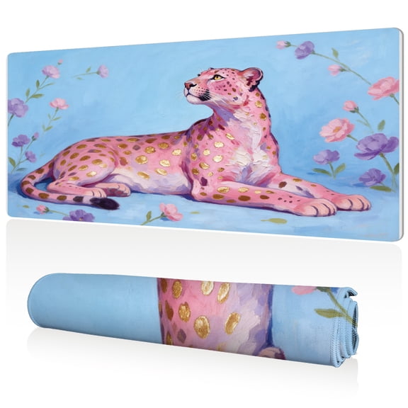 LIVEKEY Mouse Pad Pink Leopard with Flowers and Love 80x40x0.3cm Extra Large Full Desk Coverage Non Slip Durable Easy Clean Stitched Edges for Gaming and Office