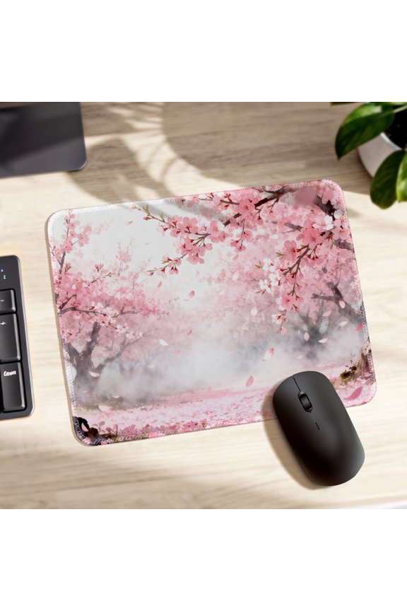 Mouse Pad Thickened Anti Slip Stitched Edge Pink Cherry Blossom Misty Forest Design for Gaming Office Desk 26x21cm