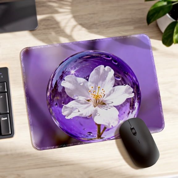 LIVEKEY Mouse Pad Thickened Anti Slip Stitched Edge Purple Crystal Ball with White Flower Art for Gaming Office Desk 26x21cm