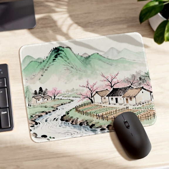 LIVEKEY Mouse Pad Thickened Non Slip Stitched Edge Chinese Mountain Water Village Painting Art Design for Gaming Office 26x21cm