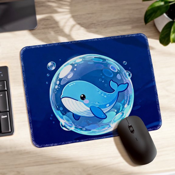 LIVEKEY Mouse Pad Thickened Non Slip Stitched Edge Cute Cartoon Whale Bubble Design for Gaming Office Desk 26x21cm