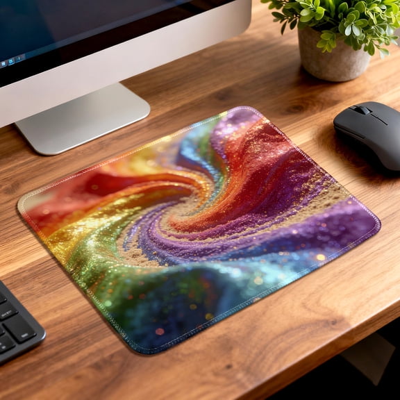 LIVEKEY Mouse Pad Thickened Non Slip Stitched Edge Glittering Rainbow Swirl Design for Gaming Office Desk 26x21cm