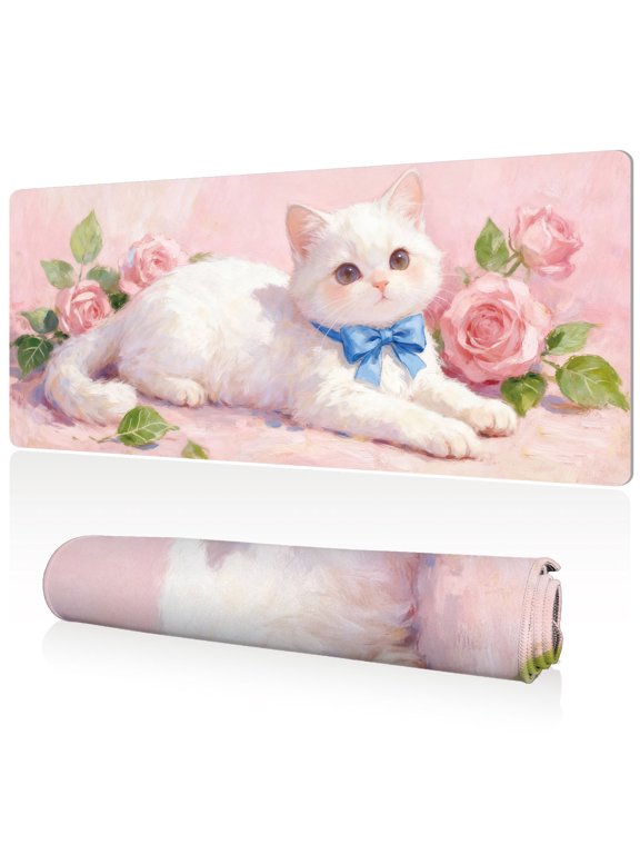 Mouse Pad Ultra Large 80x40cm Full Desk Coverage Cute Cat with Bow and Roses Art Durable Easy Clean Non Slip