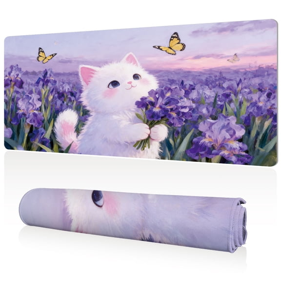 LIVEKEY Mouse Pad Ultra Large 80x40x0.3cm Full Desk Coverage 3D Floral White Cat with Purple Irises Art for Gaming and Office