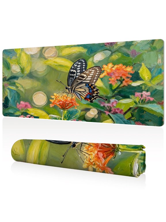 Mouse Pad Ultra Large 80x40x0.3cm Full Desk Coverage with Butterfly and Flower Art Durable Easy Clean Non Slip Sewn Edges for Gaming and Office