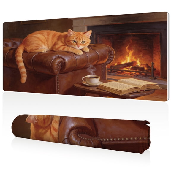 LIVEKEY Mouse Pad Ultra Large 80x40x0.3cm Full Desk Coverage Cozy Cat by Fireplace Art Design Durable Easy Clean