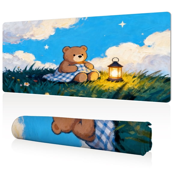 LIVEKEY Mouse Pad Ultra Large 80x40x0.3cm Full Desk Coverage Cozy Teddy Bear on Hill Art with Lantern Durable Easy Clean